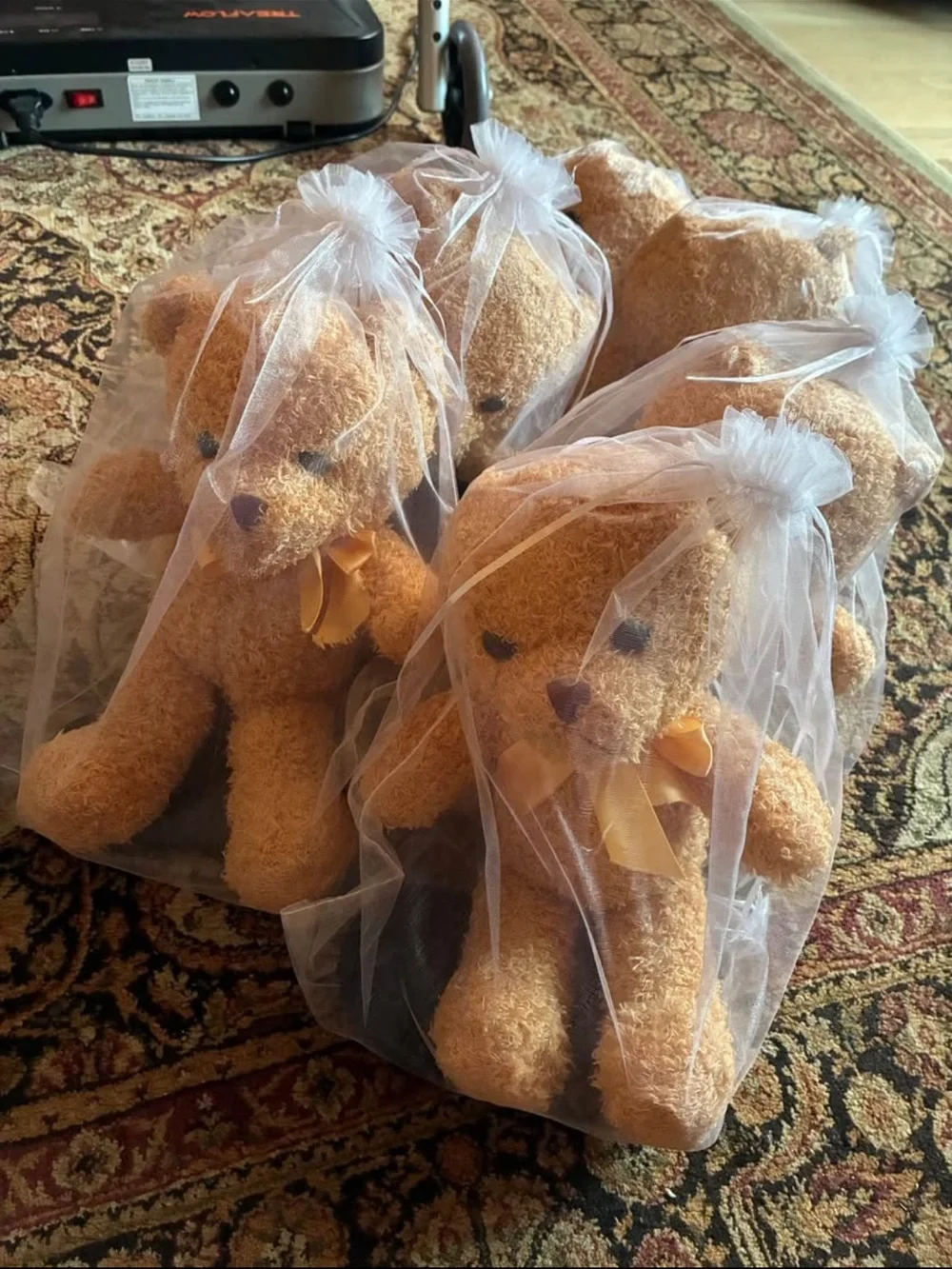 Set of Plush Light Brown Teddy Bears with Yellow Bows (6)